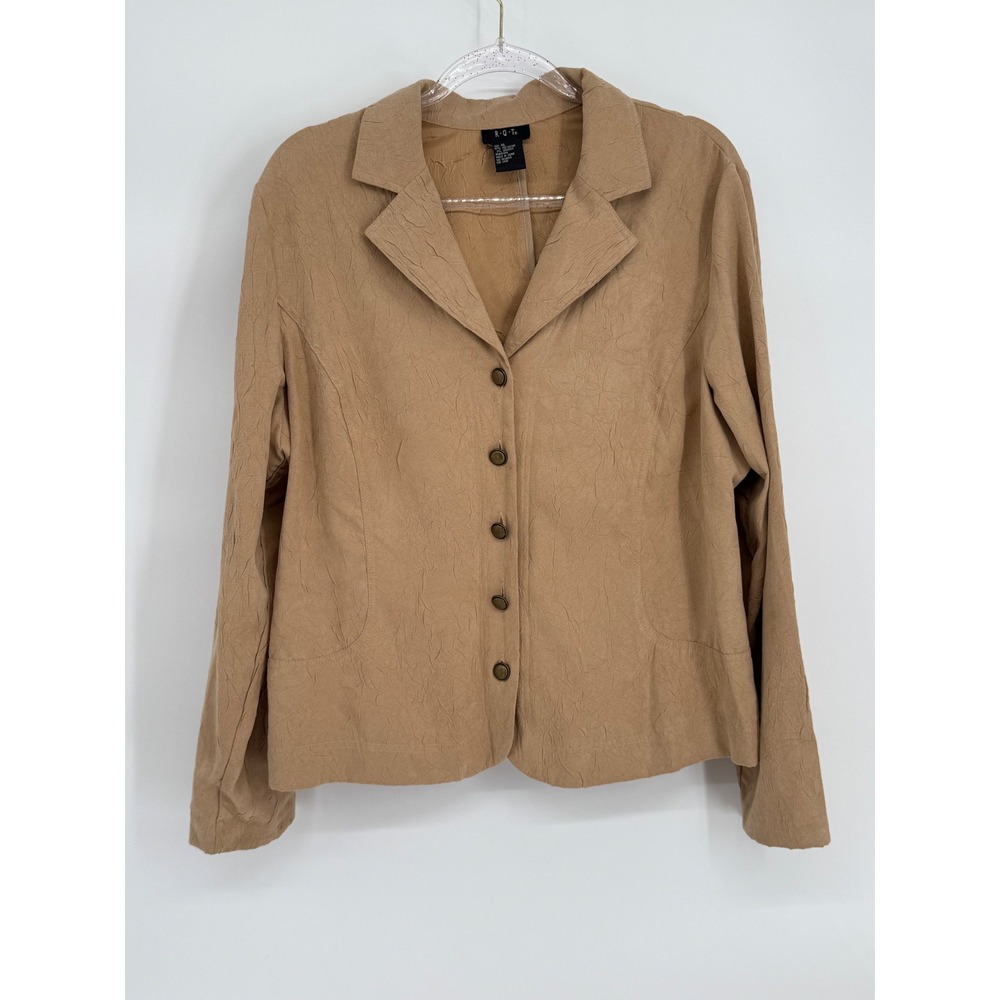 R.Q.T. Womens Sz XL Tan Crinkle Textured Button Up Blazer Jacket Camel Stretch